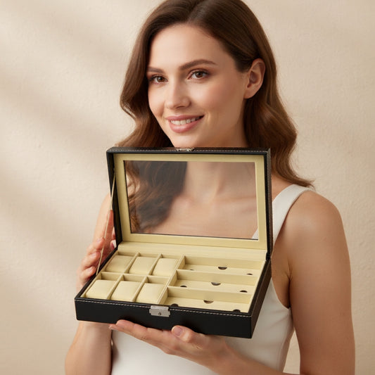 Cutie pentru depozitare 6 ceasuri si 3 ochelari, piele ecologica, pernite moi, neagra