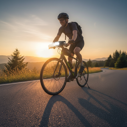 Biciclist la apus cu pachet accesorii montat – lifestyle