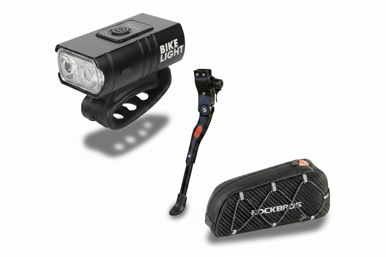 Pachet accesorii bicicletă – hero shot dramatic, lumină LED, cric, geantă