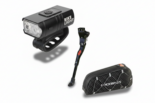Pachet accesorii bicicletă – hero shot dramatic, lumină LED, cric, geantă