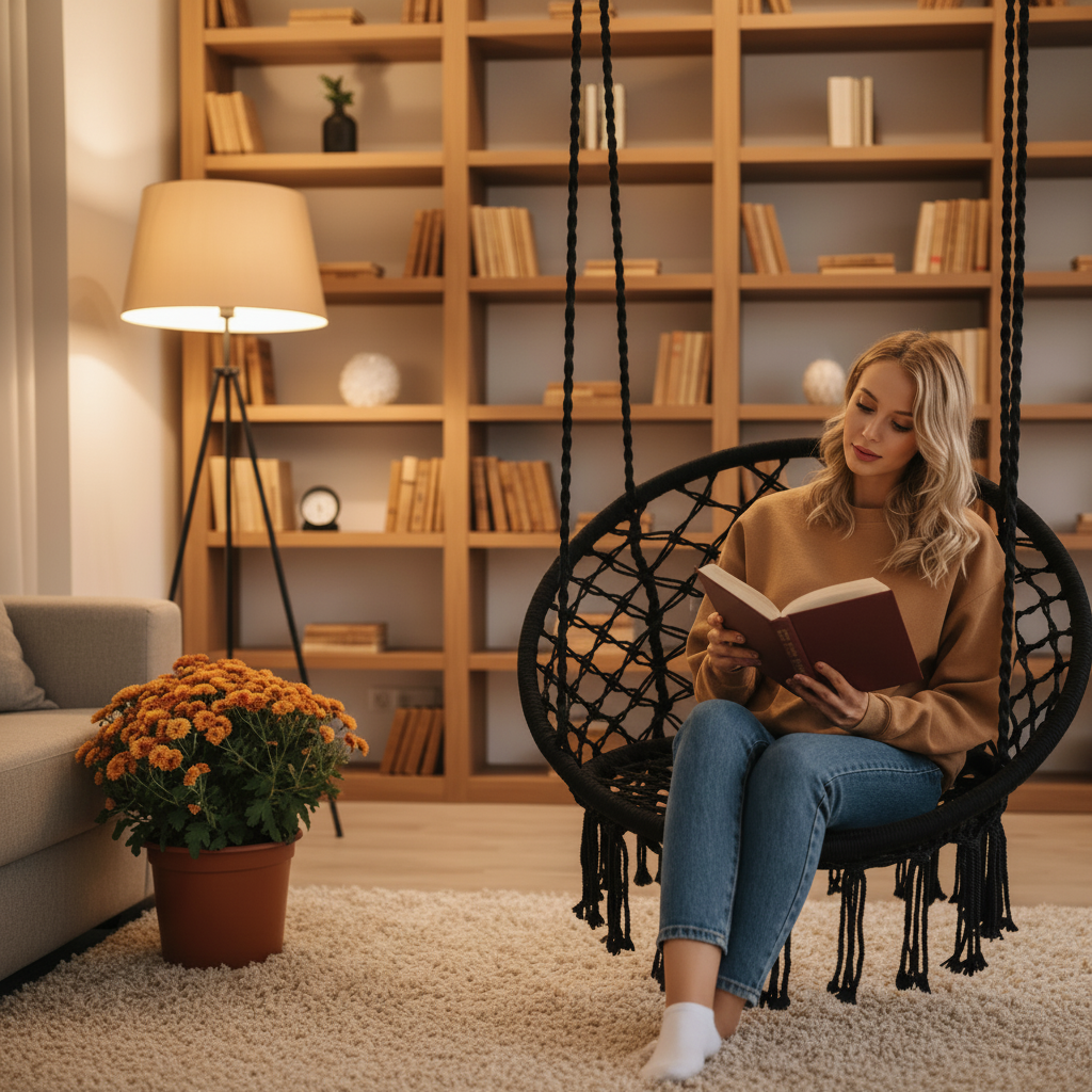 Leagan suspendat bumbac negru - lifestyle interior