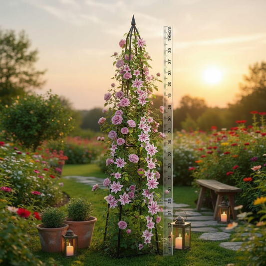 Pergola metalică piramidală 195 cm cu trandafiri cățărători – indicator înălțime