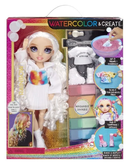 Papusa Rainbow High Watercolor & Create - Papusa personalizabila cu acuarele lavabile, par si haine colorabile, ochi mov, accesorii incluse